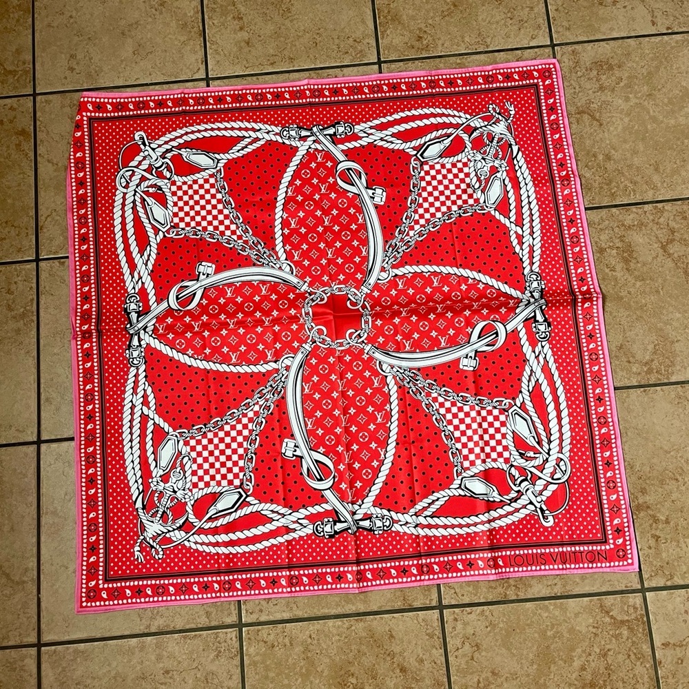 100% Silk Vibrant Red Scarf With White And Black Accents